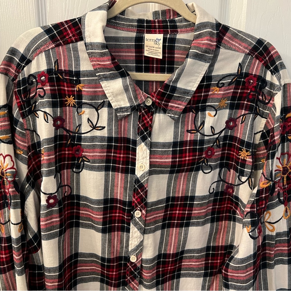 Terra & Sky Plaid Embroidered Cotton Shirt Sz 2X